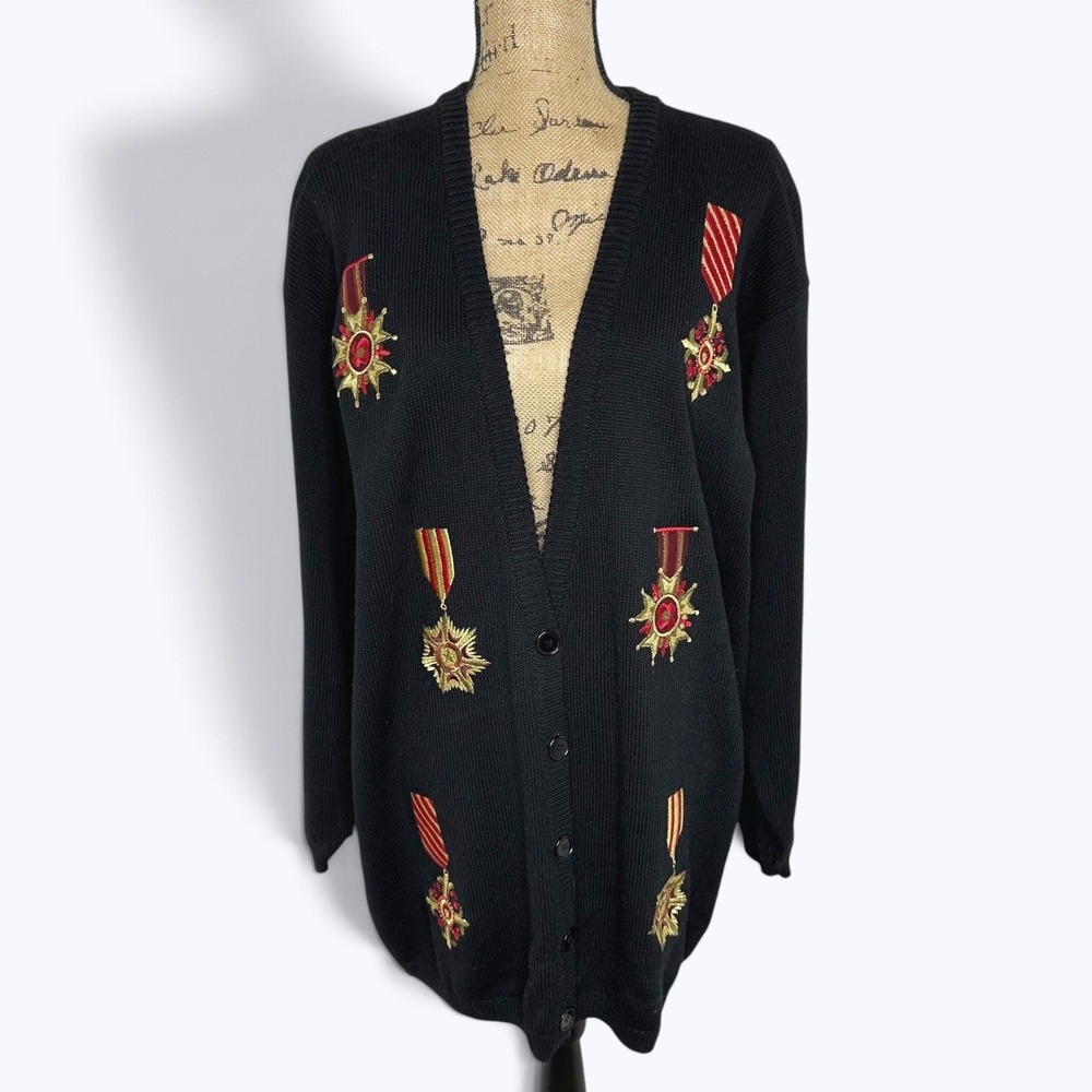 Worthington Black Military Medal Embroidered Button Front Cardigan Vintage 90s